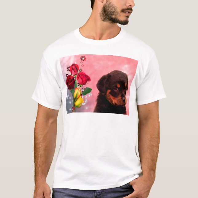 T-shirt Robuste Chiot avec Fleurs Rouge et Jaune (Devant)