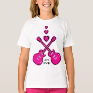 T-shirt ROCHE de filles ! Guitares et coeurs roses et