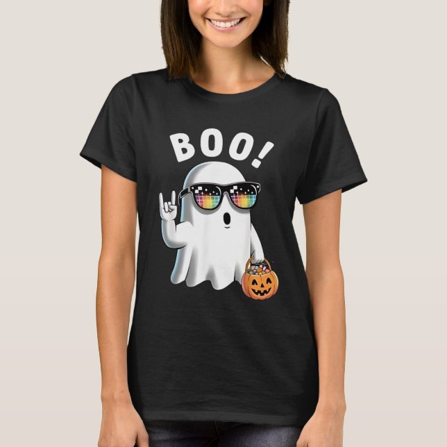 T-shirt Rock Ghost Retro Halloween Citrouille Funny Boo (Devant)
