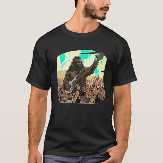 T-shirt Rock On Bigfoot Sasquatch Aime Rock And Roll Graph (Devant)