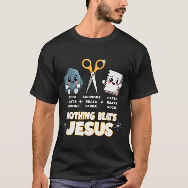T-shirt Rock Paper Scissors But Nothing Beats Jesus Funny  (Devant)