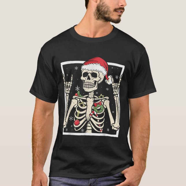 T-shirt Rocker Skeleton Santa Hat Cool Christmas Punk Rock (Devant)