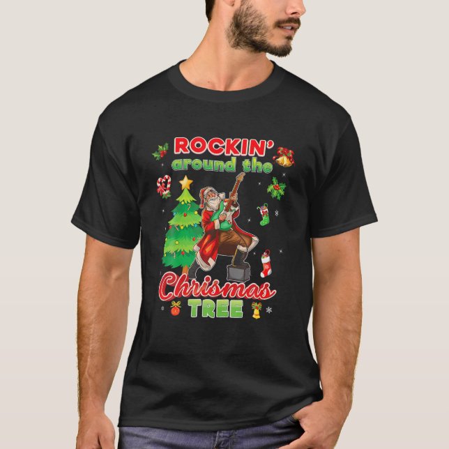 T-shirt Rockin Autour De L'Arbre De Noël Père Noël Rock Pl (Devant)