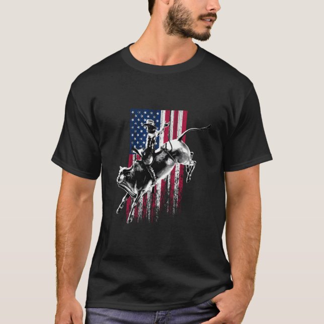 T-shirt Rodeo Bull Rider Patriotic American Flag For Cow (Devant)