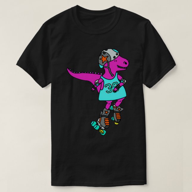 T-shirt Roller derby roller patinage rose dinosaure (Design devant)
