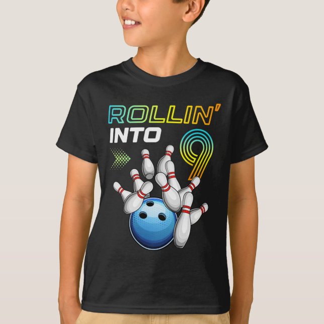 T-shirt Rollin Into 9 Retro Bowling Birthday Party 9th Bir (Devant)