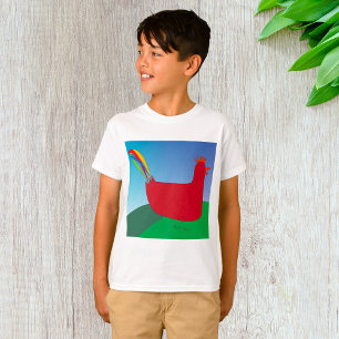 T-shirt Rooster rouge coloré avec Rainbow Tail sur Hill