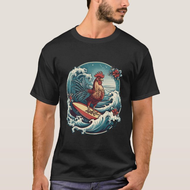 T-shirt Rooster Surfer Chicken Surf Kauai Surf Hawaiian (Devant)