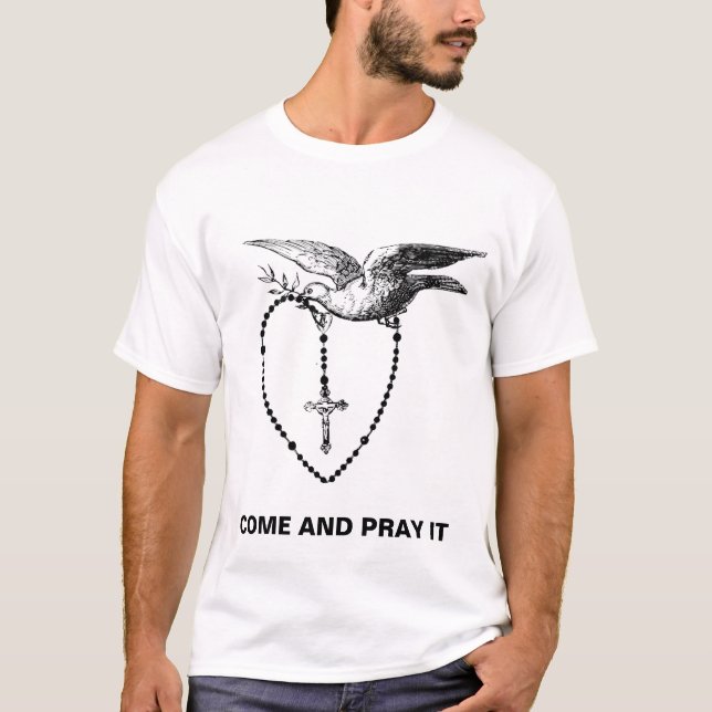 T-SHIRT ROSARY AVEC LA DOVE ET OLIVE BRANCE VIENNENT ET PR (Devant)