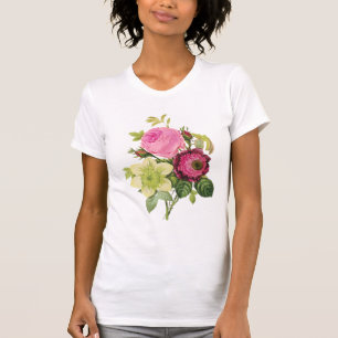 T-shirt rose botanique vintage, clématites et anémones