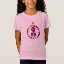 T-shirt rose de violon d'enfants avec des coeurs