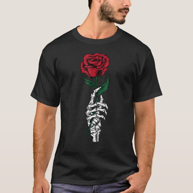 T-shirt Rose Flower White Skeleton Hand Holding A Red Rose (Devant)