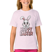 T-Shirt Rose Lapin de Pâques Heureux Blanc