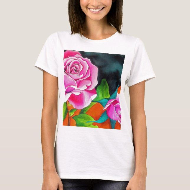 T-shirt Rose rose avec aquarelle orange (Devant)