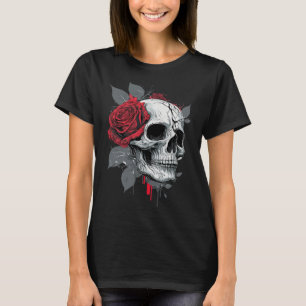 T-shirt Rose Skeleton Skull main rouge Fleur Rose
