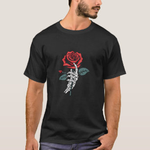 T-shirt Rose Squelette Crâne Main Rouge Fleur Rose Hommes 