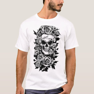 T-shirt Roses du crâne humain Goth Dessin original à l'enc