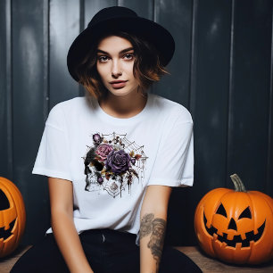 T-shirt Roses gothiques simples et crâne fête d'Halloween