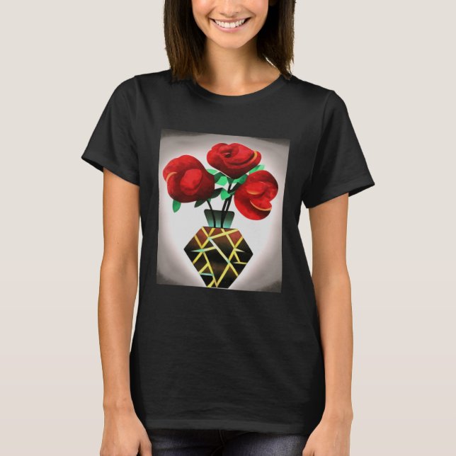 T-shirt Roses Rouge Art Déco Dans Vase Art Abstrait Pullov (Devant)