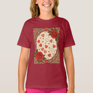 T-shirt Roses Rouges Et Cœurs Design Art Nouveau