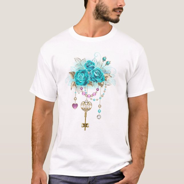 T-shirt Roses turquoise avec touches (Devant)
