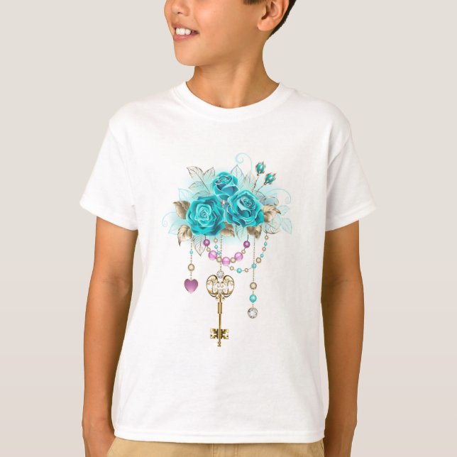 T-shirt Roses turquoise avec touches (Devant)