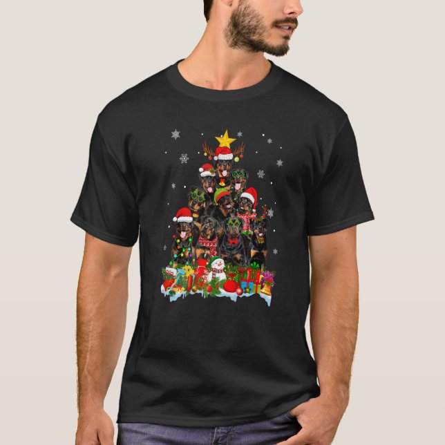 T-shirt Rottweiler Chien Noël Arbre Lumières Noël Père Noë (Devant)
