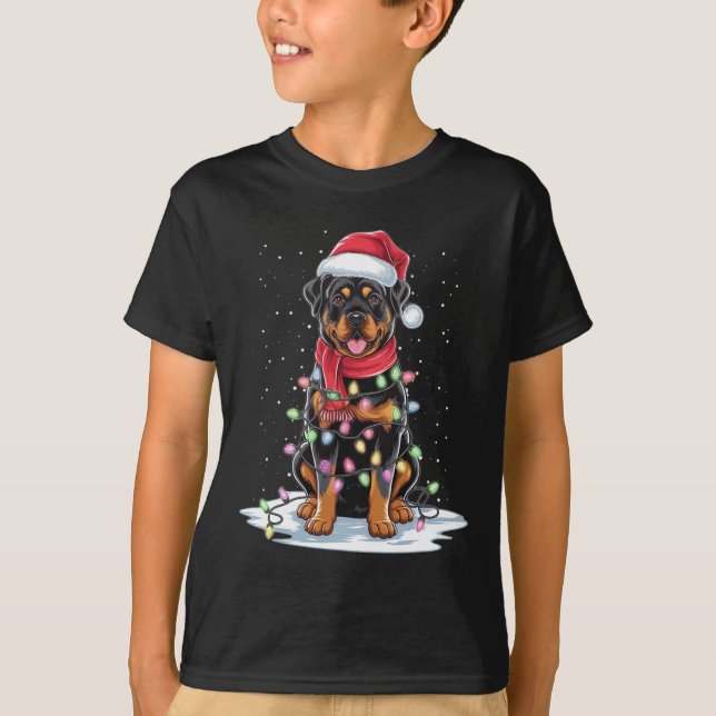 T-shirt Rottweiler Chien Santa Chapeau Noël Arbre Lumière  (Devant)