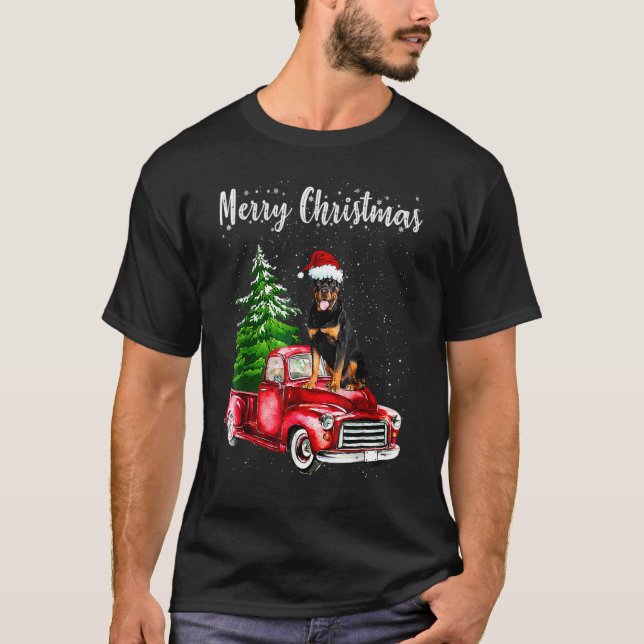 T-shirt Rottweiler équitation Camion Rouge Joyeux Chien de (Devant)