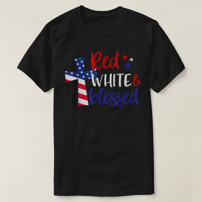 T-shirt Rouge Blanc Béni Américain Jésus Croix Chrétien 4 (Design devant)
