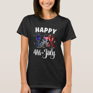 T-shirt Rouge Blanc Bleu Vin Verre Usa Drapeau Joyeux 4ème