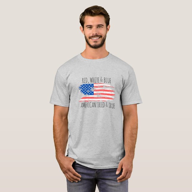 T-SHIRT ROUGE, BLANC ET BLEU AMERICAN TRIE & TRUE SHIRT (Devant entier)