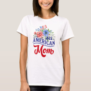 T-shirt Rouge blanc et bleu floral All American Mom