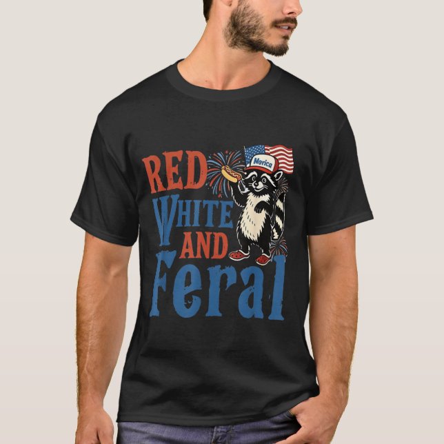 T-shirt Rouge Blanc Et Sauvage Drôle De Raton Laveur Améri (Devant)