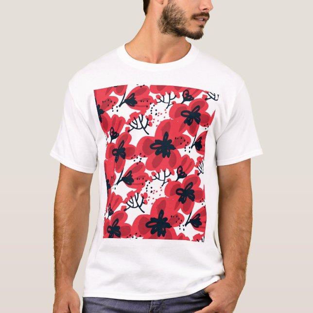 T-shirt Rouge de fleur : Motif Abstrait à main. (Devant)