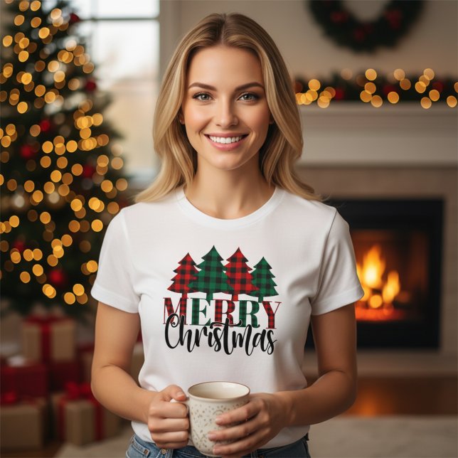 T-shirt Rouge et vert Buffalo Plaid Motif Joyeux Noël (Créateur téléchargé)