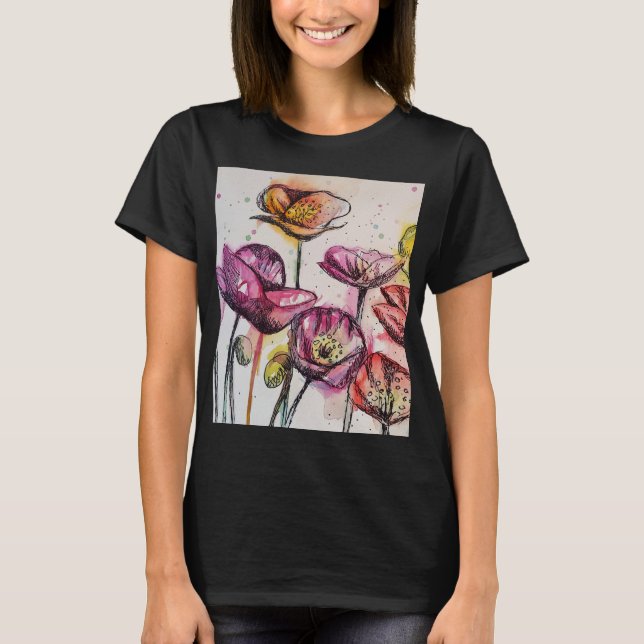 T-shirt Rouge violet rose Populaire floral aquarelle art (Devant)
