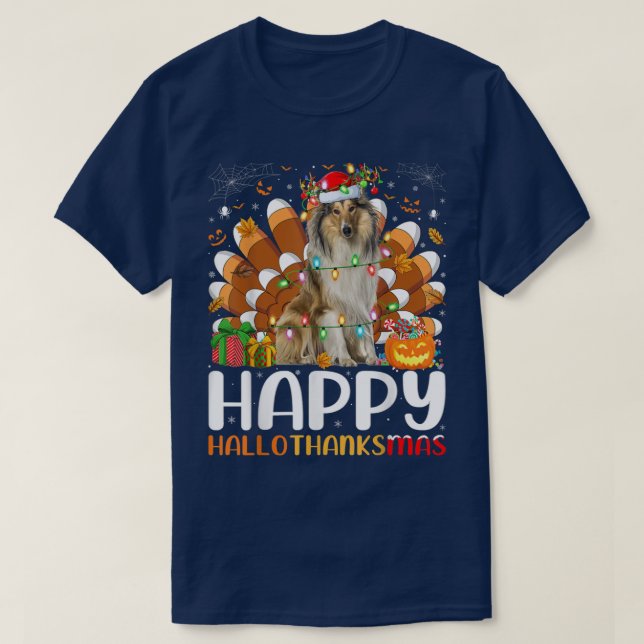 T-shirt Rough Collie Chien Halloween Noël Happy Halloth (Design devant)
