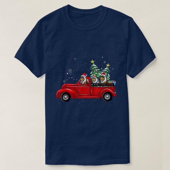 T-shirt Rough Collie Dog Driving Xmas Truck Christmas Tree (Design devant)