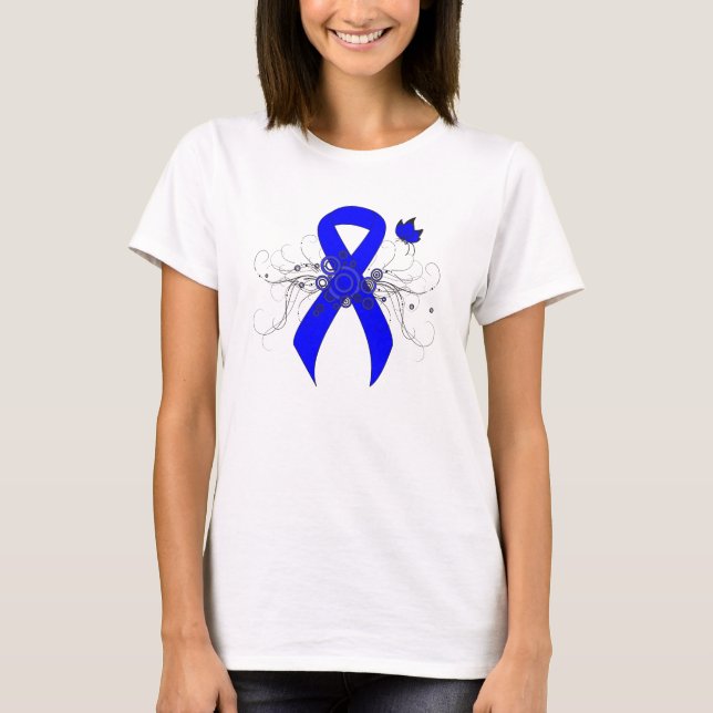T-shirt Ruban de sensibilisation bleu avec papillon (Devant)