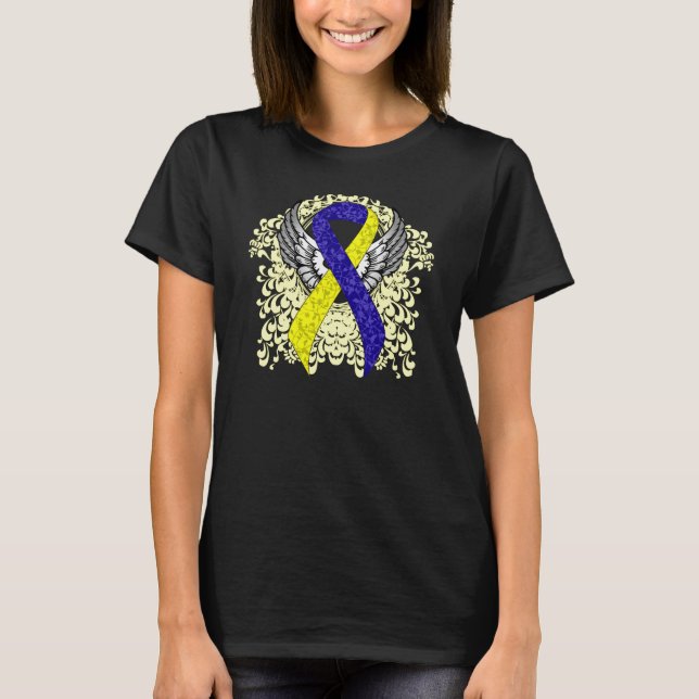 T-shirt Ruban de sensibilisation bleu et jaune avec ailes (Devant)