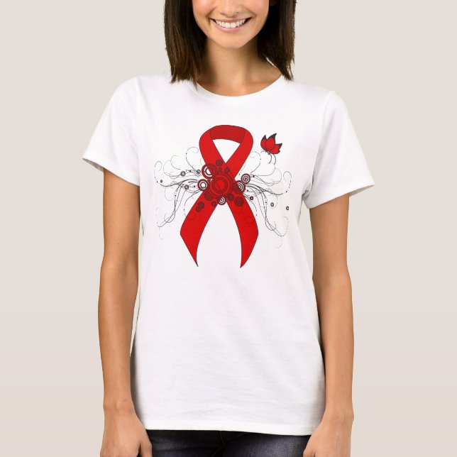T-shirt Ruban de sensibilisation rouge avec papillon (Devant)