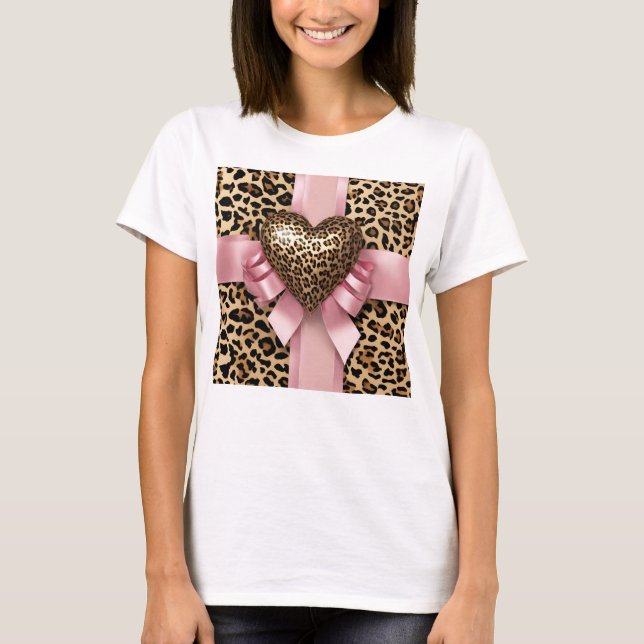 T-shirt Ruban rose Coeur léopard (Devant)