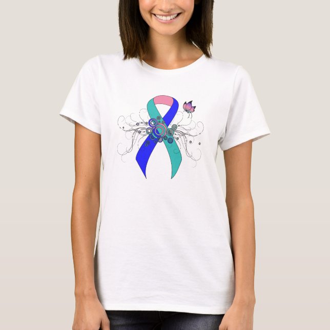 T-shirt Ruban turquoise/rose/bleu avec papillon (Devant)