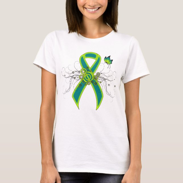 T-shirt Ruban vert turquoise et citron vert avec papillon (Devant)