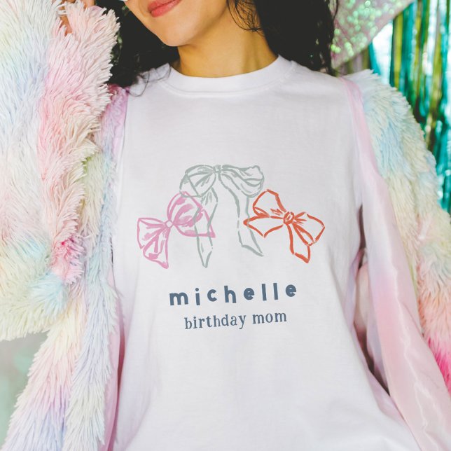 T-shirt Rubans et vaches Watercolor Girls Anniversaire (Ribbons and Bows watercolor personalized birthday party parent t-shirt.)