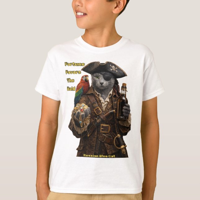 T-shirt Russian Blue Pirate Cat – Fortune Favors The Bold (Devant)