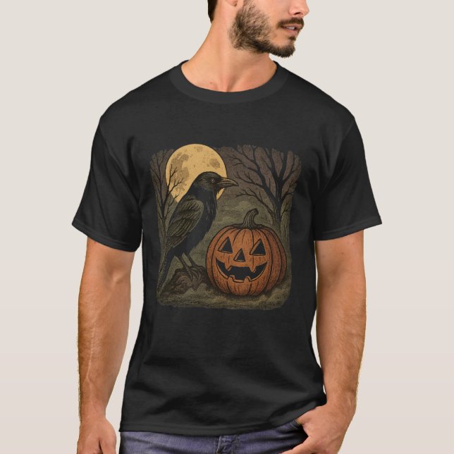 T-shirt Rustic Crow and Pumpkin Halloween Art: Spooky Full (Devant)