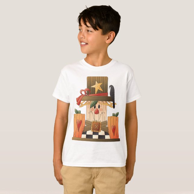 T-shirt Rustique automne Scarecrow avec Citrouilles et Cor (Devant entier)