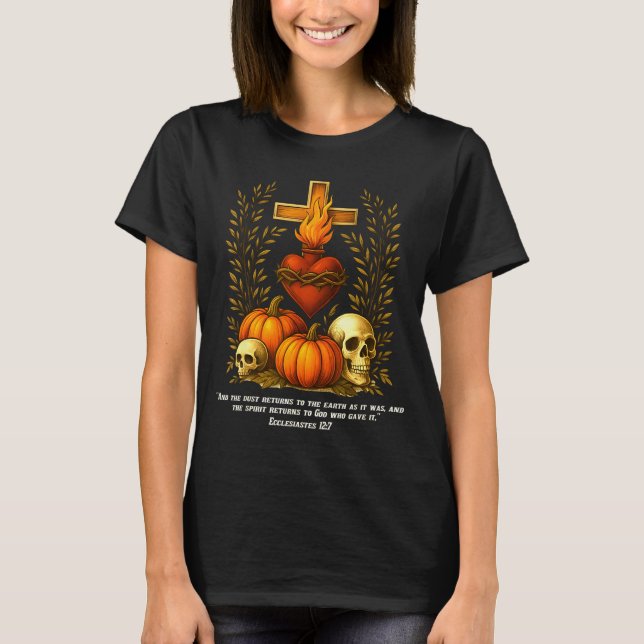 T-shirt Sacred Heart Halloween Jesus Skulls Pumpkins Chris (Devant)